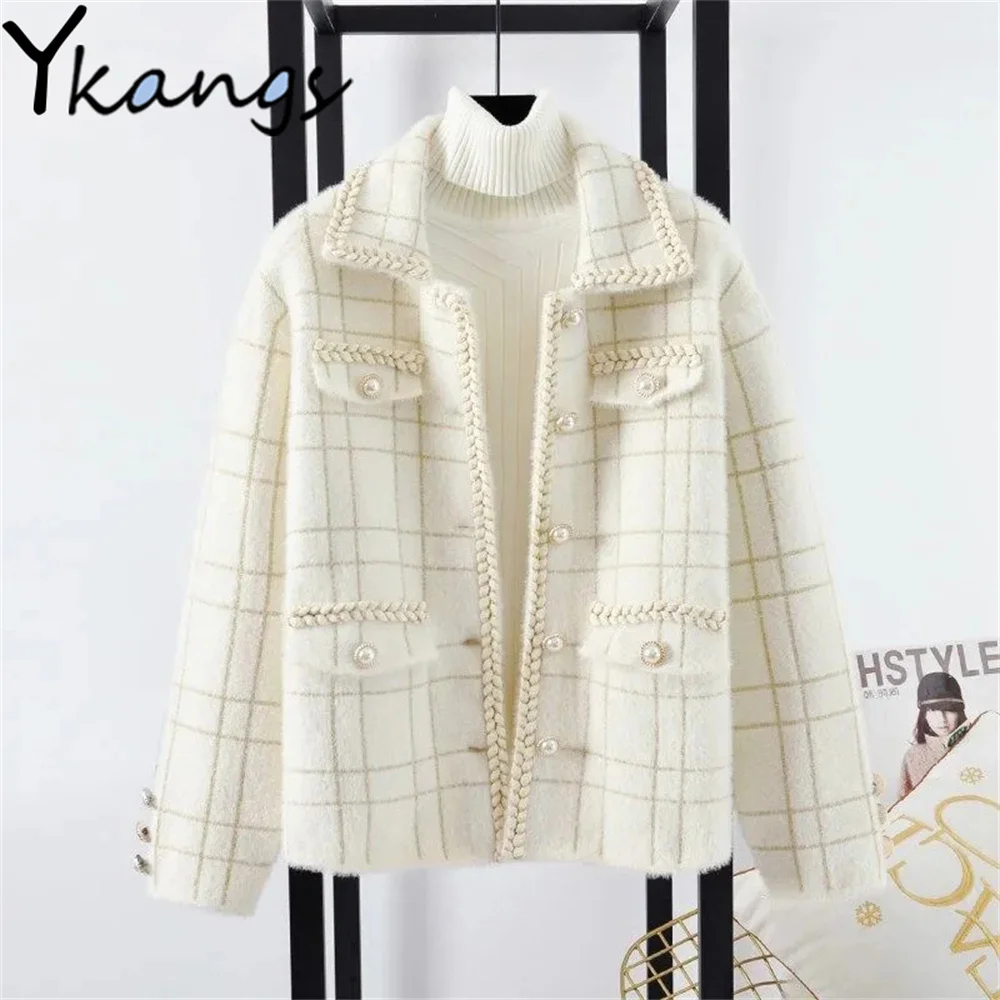 

Пальто из искусственной норки на флисе с лацканами, демисезонная винтажная клетчатая Повседневная Женская куртка, корейская мода, женская ...