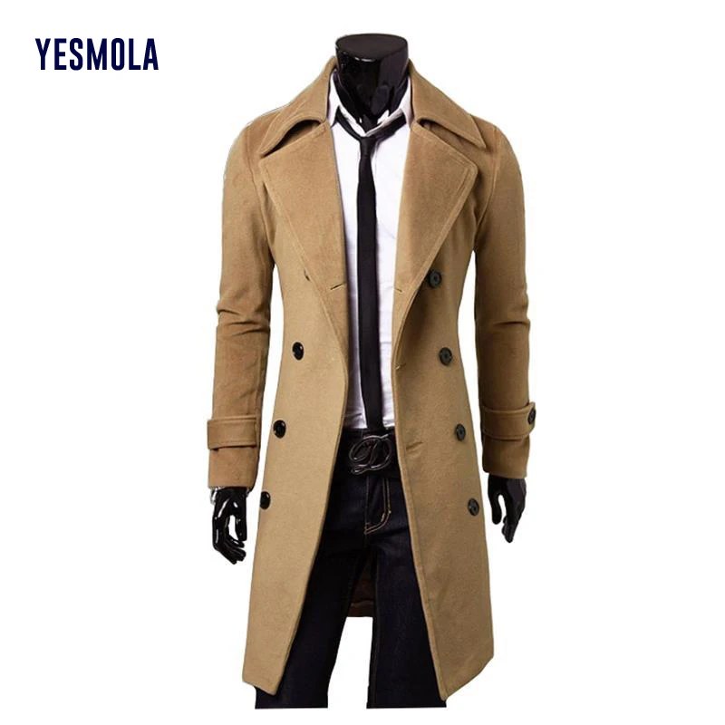 Осенне-зимнее Мужское пальто YESMOLA теплый шерстяной однотонный длинный Тренч