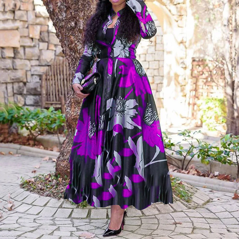

Women Vintage Floral Printed Long Sleeve Summer Dress Retro Plus Size Office Maxi Vestidos Elegant Ladies Party Long Shirt Dress