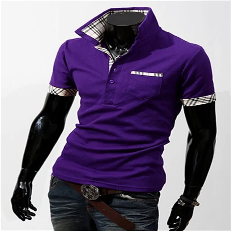 Мужская рубашка поло в клетку с цветными блоками облегающая Лоскутная одежда