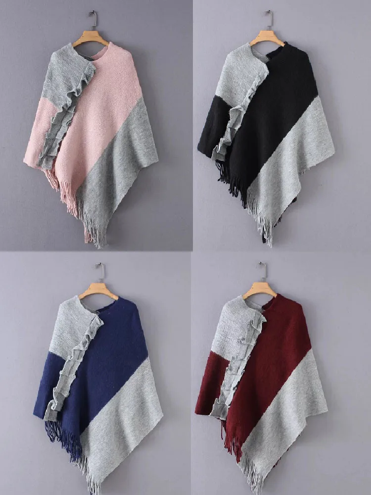 Зимний плащ Для женщин вязаный пэчворк Накидки с отложным воротником рюшами