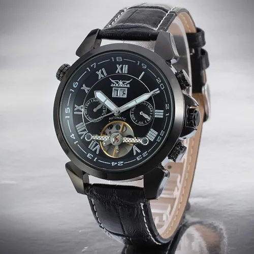 Black Case BlackDial Модные JARAGAR, мужские Брендовые Часы, дата, кожа, Tourbillon, маховик, авто механические мужские часы, наручные часы, подарочная коробка - Цвет: Black Case BlackDial