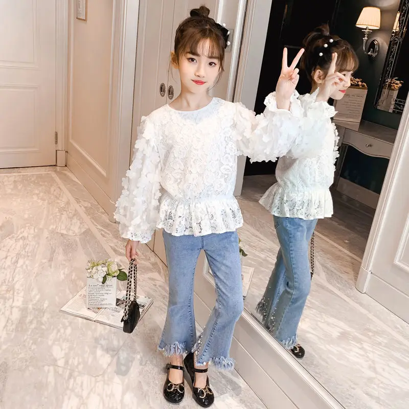 

Комплекты одежды для маленьких девочек, весна-лето 2021, детская кружевная блузка + джинсовые джинсы, повседневные брюки, детские модные костю...