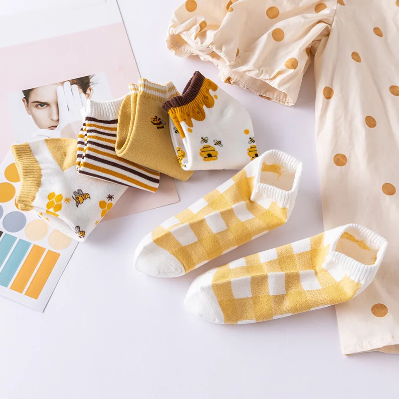 5Pair Low Cut Women Socks Set Summer Thin Yellow Bee Cute Soft Breathable Cotton Socks Japanese Lattice Stripe Kawaii Calcetines