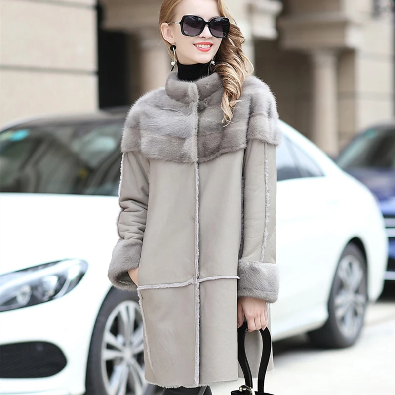 Женское длинное пальто из овчины натуральной кожи с меховым воротником зима 2020 |