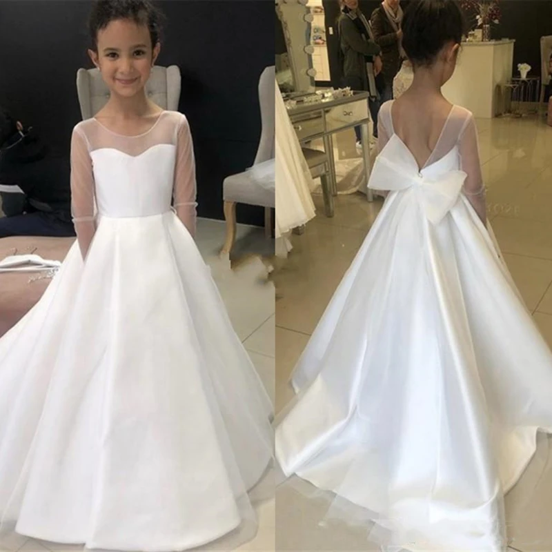 

Boho Flower Girl Dresses Big Bow Sheer Long Sleeve Wedding Party Little Girl First Communion Dress Kids Holy Birthday Party Gown