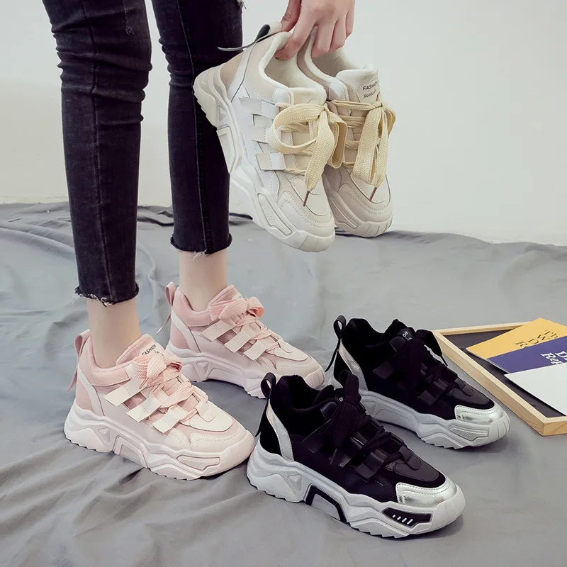 

New Fashion Women's Shoes for 2021 Autumn Thick Soled Solid PU and Mesh Air Daddy Shoes 5cm Platform Breathable Female's Shoes