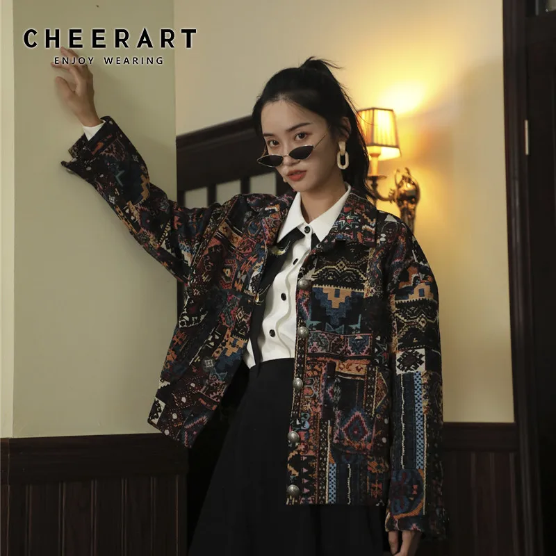 

Винтажная Женская куртка CHEERART, парчовое пальто с принтом в этническом стиле, дизайнерская осенняя куртка и пальто, верхняя одежда 2019, модная...