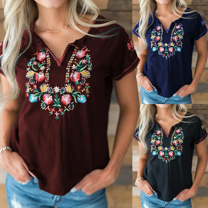 

2021 Summer New Hot-Selling Fashion Urban Leisure Creative Vintage Embroidery Lapel Loose Short-Sleeved Tops Women T-Shirt