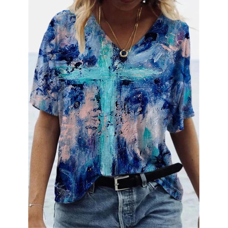 

Fashion Women Graffiti Cross Printed T Shirts Short Sleeve Tops Ladies V-neck Plus Size Blouse Casual Loose Shirts