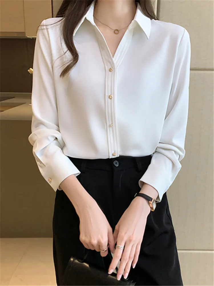 

Spring Loose Temperament Vertical Sense Blouse Metal Buttons Fashion Women's Long-sleeved White High-end Satin Chiffon Shirt