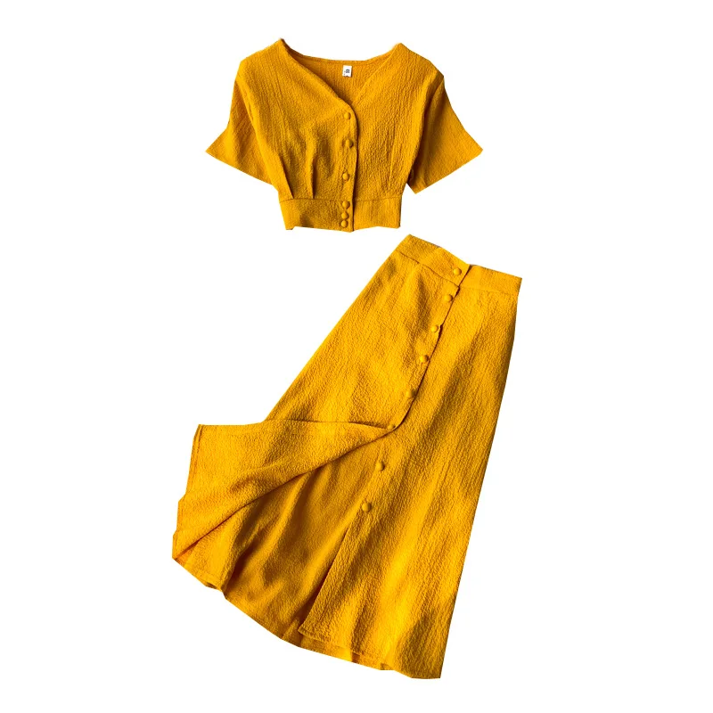 

sweet style solid women skirts sets flare sleeved shirts and high waist A-line button knee-length skirts lady elegant skirts set