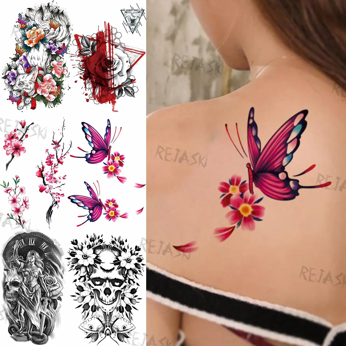 

Watercolor Butterfly Temporary Tattoos For Women Men Adult Fox Rose Flower Skull Warrior Fake Tatoos Sexy Large Tattoo Stickers