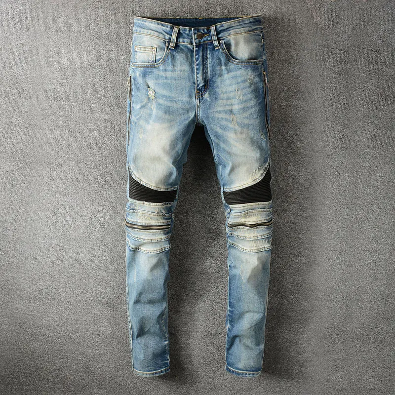 American Street Fashion Men Jeans Retro Blue Elastic Slim Fit Ripped Jeans Men Spliced Designer Hip Hop Denim Punk Biker Pants