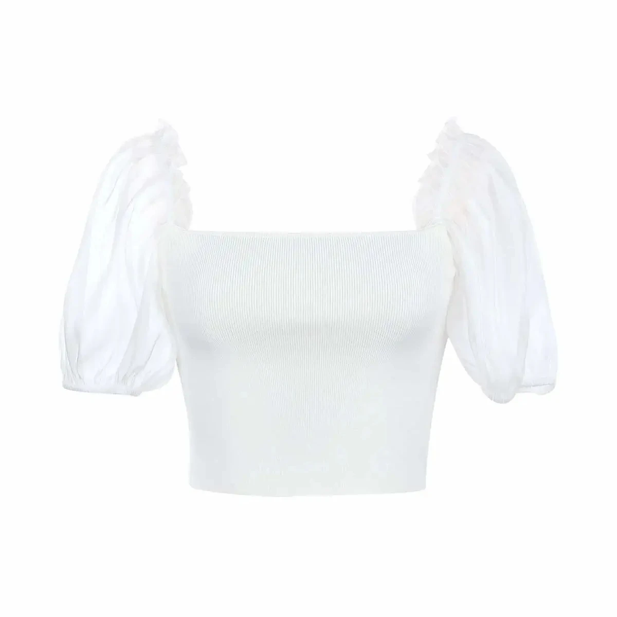 

Women Elegant Solid Short Puff Sleeve Shirt 2021 Summer Cropped Top Chic Sexy Slim Bodycon Female Blouse T-Shirt