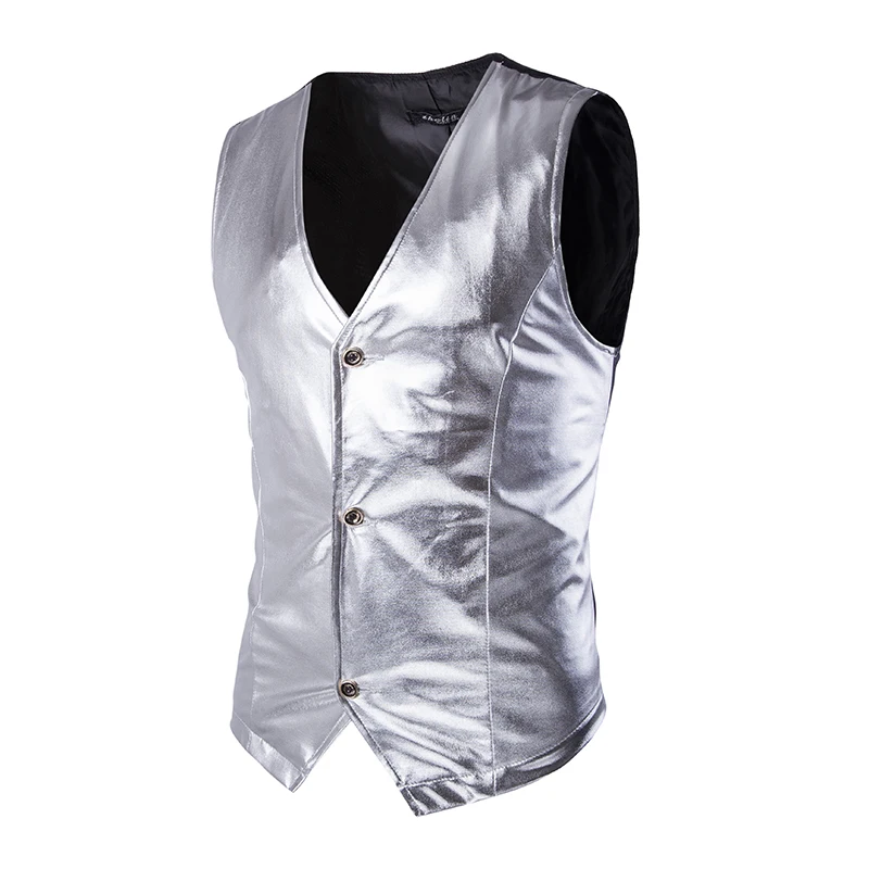 

Shiny Silver Coated Metallic Blazer Vest Men Slim Nightclub Perform Waistcoat Men Party Prom Stage Singer Gilet Homme Costume