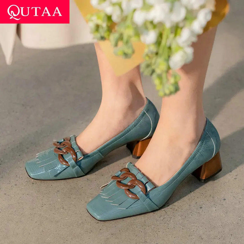 

QUTAA 2021 Square Med Heels Genuine Leather Elegant Spring Summer Women Pumps Tassel Square Toe Basic Female Shoes Size 34-42
