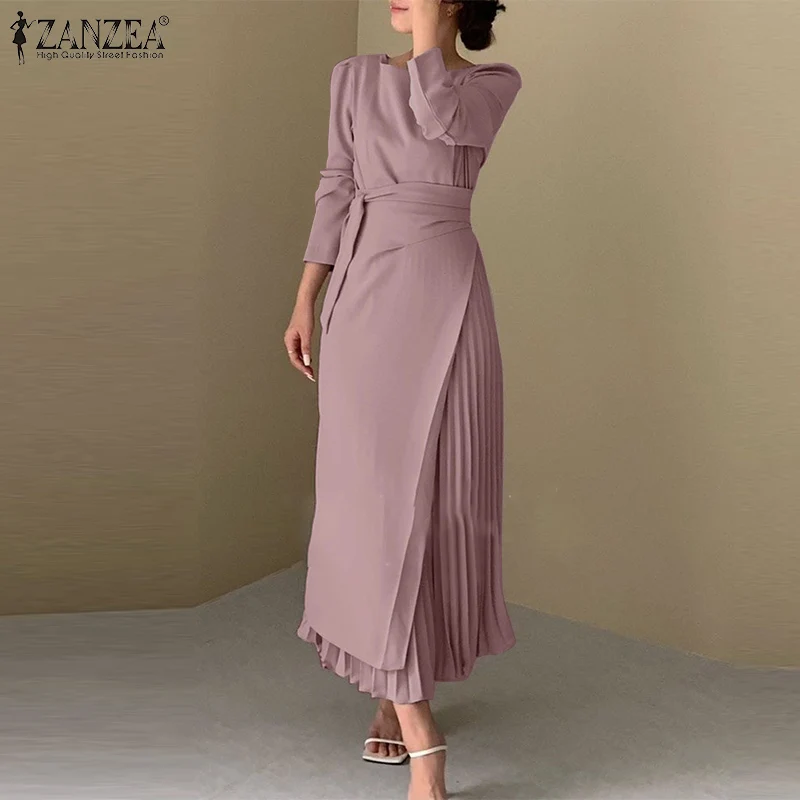 

ZANZEA Vintage Lace Up Office Kaftan 2022 Spring Elegant Solid Sundress Women Casual Long Sleeve Pleated Dress Femme Vestidos