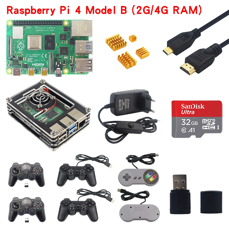 Raspberry Pi 4 Модель B игровой комплект 2 ГБ/4 ГБ ОЗУ доска+ акриловый чехол+ игровой контроллер+ адаптер питания+ кабель Micro HDMI+ sd-карта