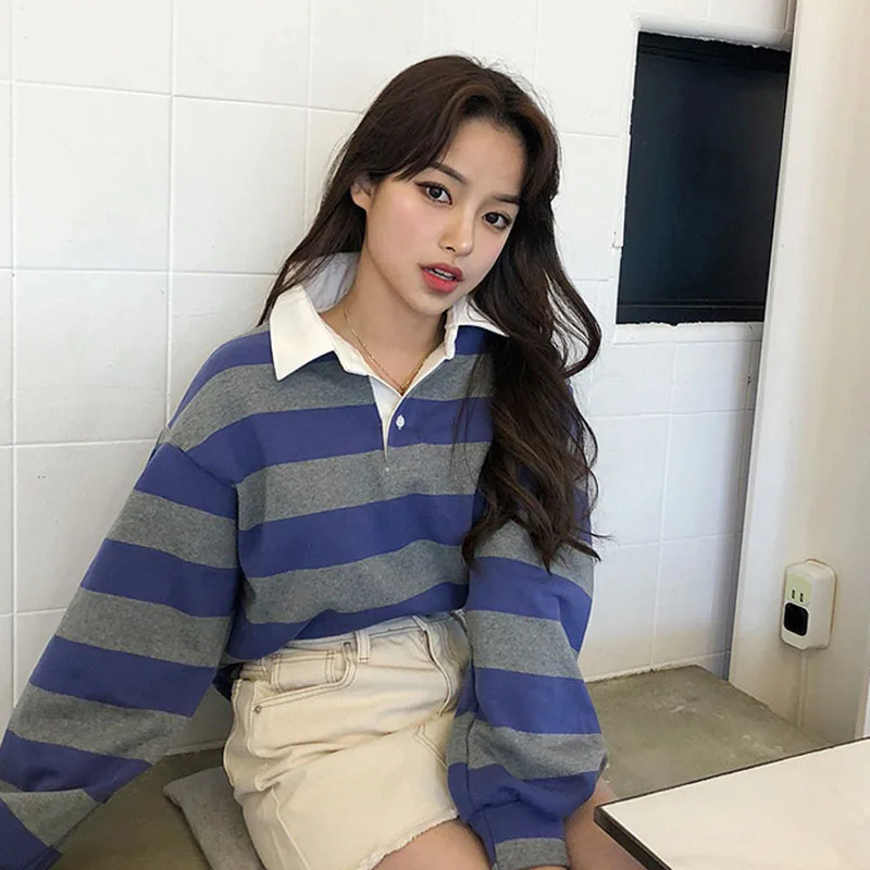 

Полосатый пуловер Harajuku в стиле ретро, женские топы, осенние корейские модные свободные толстовки с длинным рукавом для школьницы, топы K164