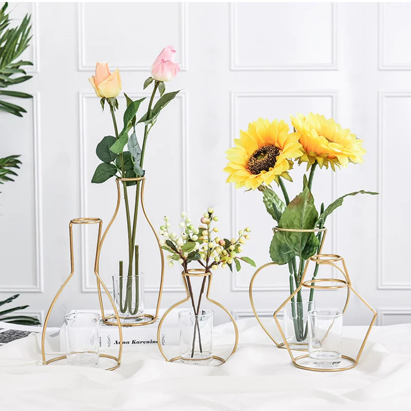 

Nordic Style Flower Vase Gold Retro Iron Line Table Flowers Vases Metal Plant Holder Office Table Flower Vase Home Decoration