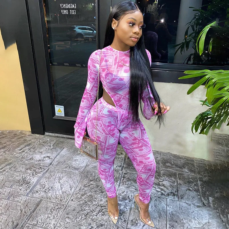 

2021 Autumn Spring Sheer Mesh Bodysuit Pants Two Piece Set Pink Print Sexy Club Outfit Skinny Fitness Streetwear Outdoor Fashion