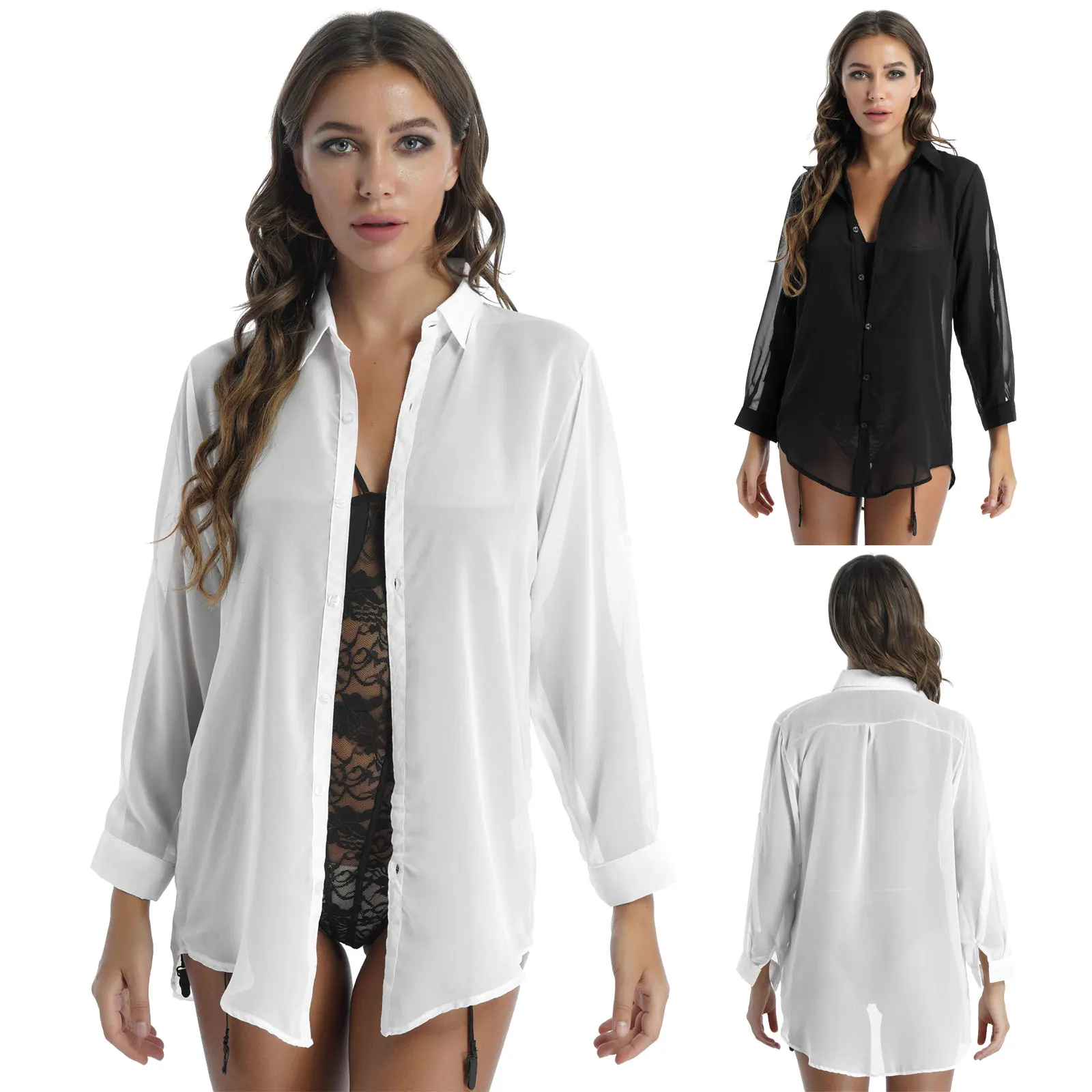 

Sexy Chiffon Bikini Swim Cover-Ups See-through Button Down Loose Shirt Long Sleeve Beach Wear Blouse Swimsuit with G-string New