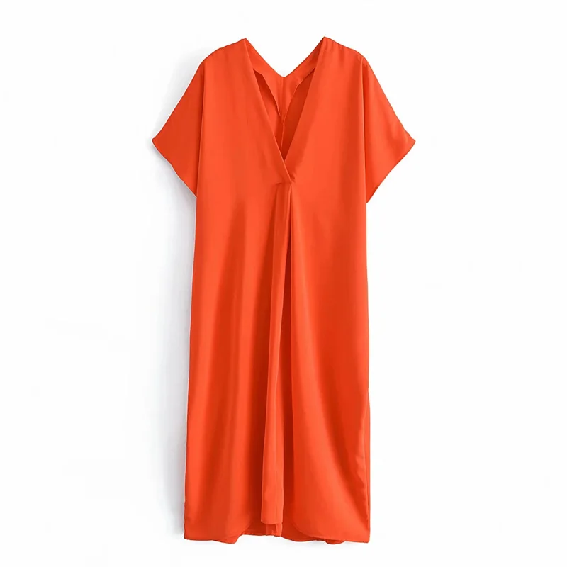 

Elegant Satin Sense Loose Midi Dress Woman Fashion Ruched Asymmetrical Hem Casual Dresses Summer Long Dress 2021 Women
