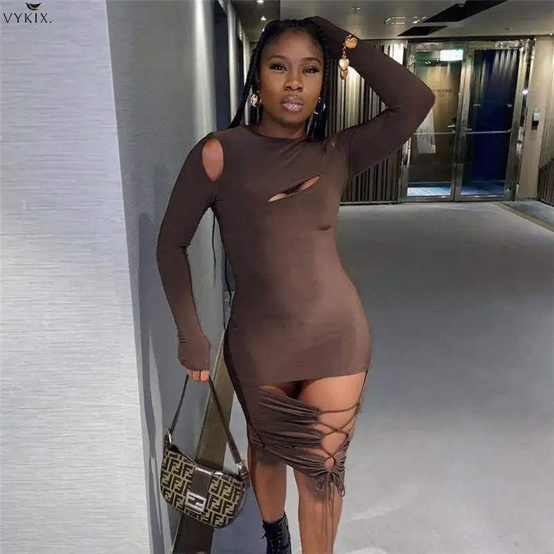 

Недорогие женские ажурные платья миди с длинным рукавом и перекрестными шнуровками, облегающая пикантная уличная одежда, Клубная одежда дл...