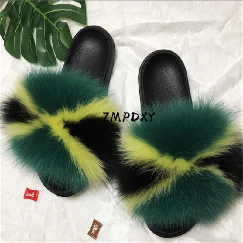 Women's Winter Warm Plush Shoes Kids/Children's Real Fox Fur Slides Fluffy Raccoon Fur Slippers Furry Sandals Ladies Flip Flops