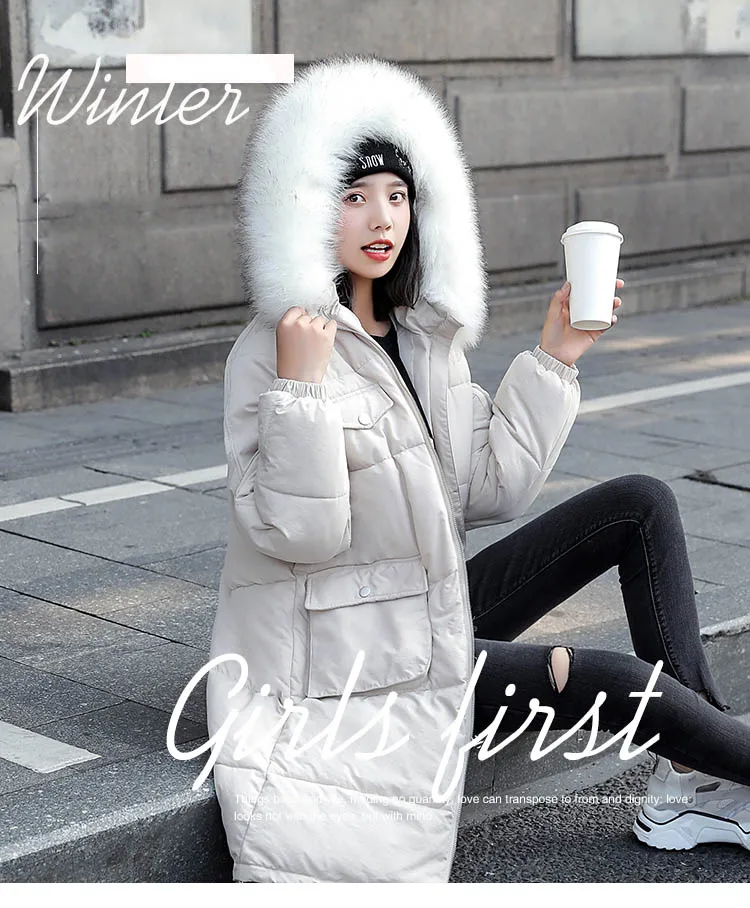 

Female big wool collar down jacket winter loose large size long cotton-padded clothes students cotton-padded clothes fashion thi