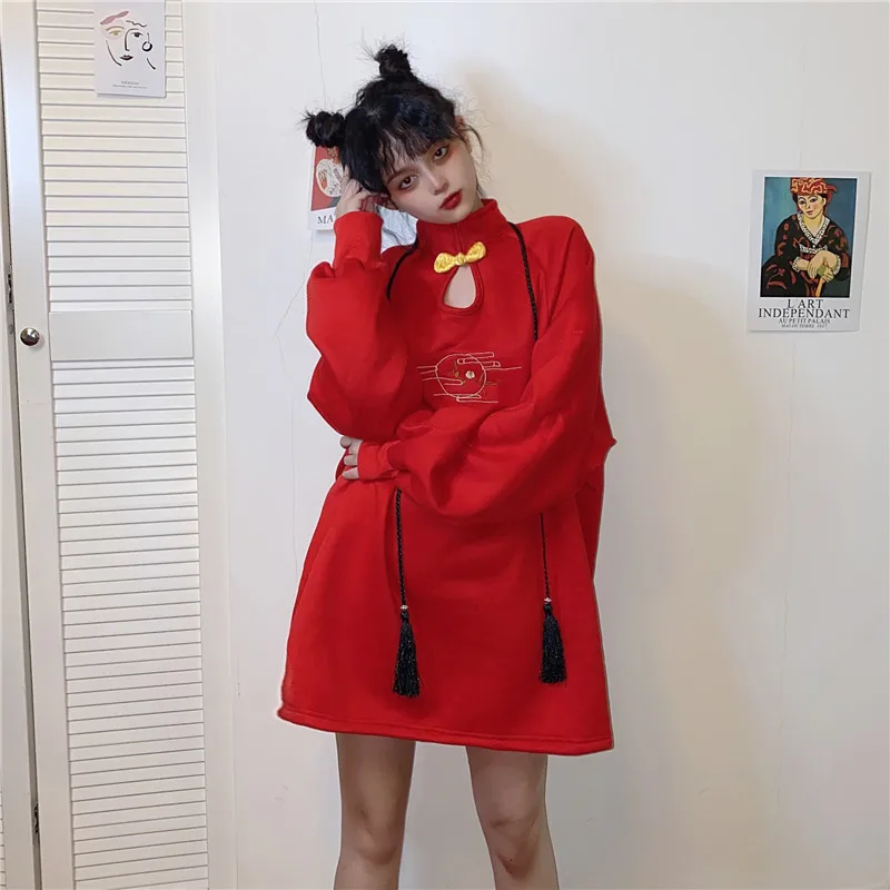 

QWEEK Vintage Chinese Style Dress Women Casual Long Sleeve Mini Dress Black Cartoon Embroidery Dress Stand Neck Print Vestidos