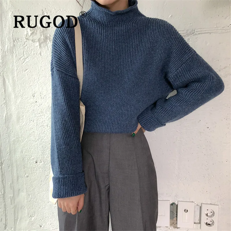 RUGOD korean solid basic sweater pullovers for women warm turtleneck loose thick knitted tops fashion casual pull female | Женская