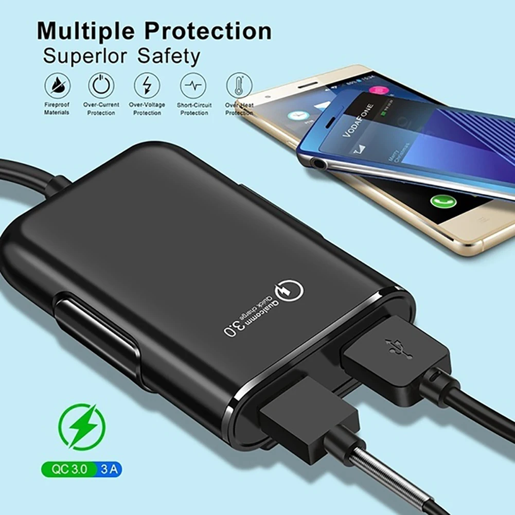 Автомобильное зарядное устройство QC3.0 с 4 USB-портами адаптер питания удлинителем