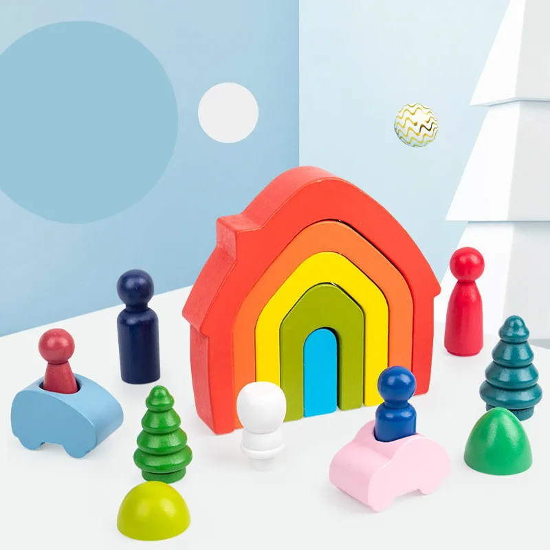 Wooden Rainbow House Toy Set Bucket Building Block Combination Children's Education Toys Creative Stacking Game Stacker | Игрушки и