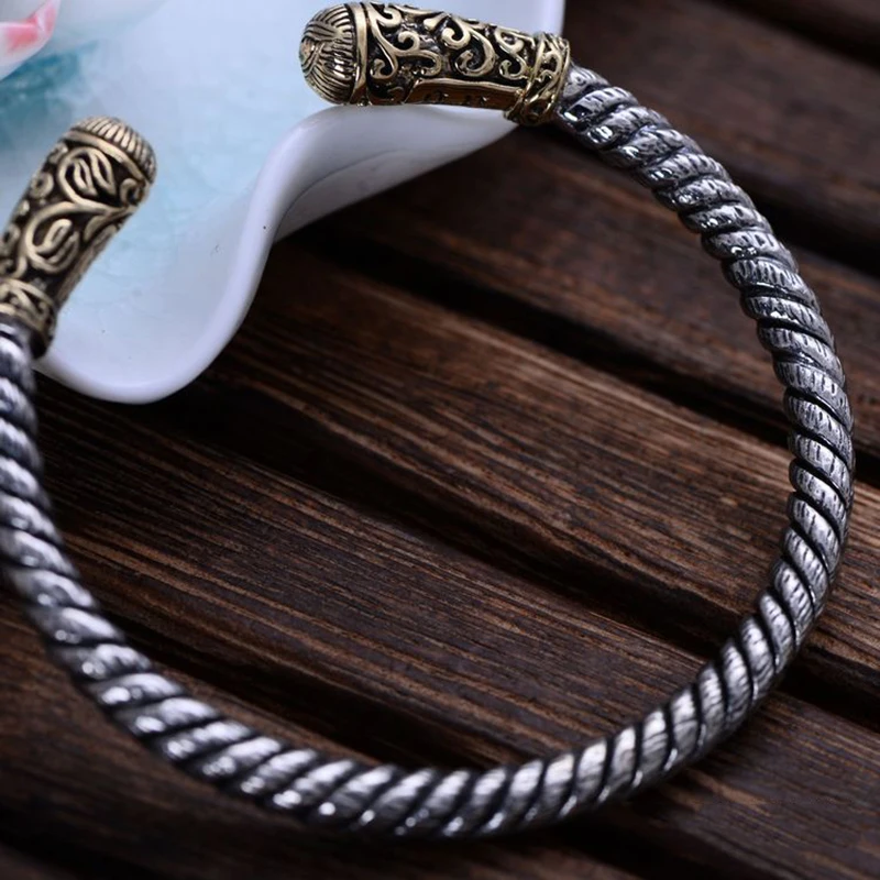 Настоящий твердый 925 пробы серебряный Ретро браслет с веревочкой для мужчин