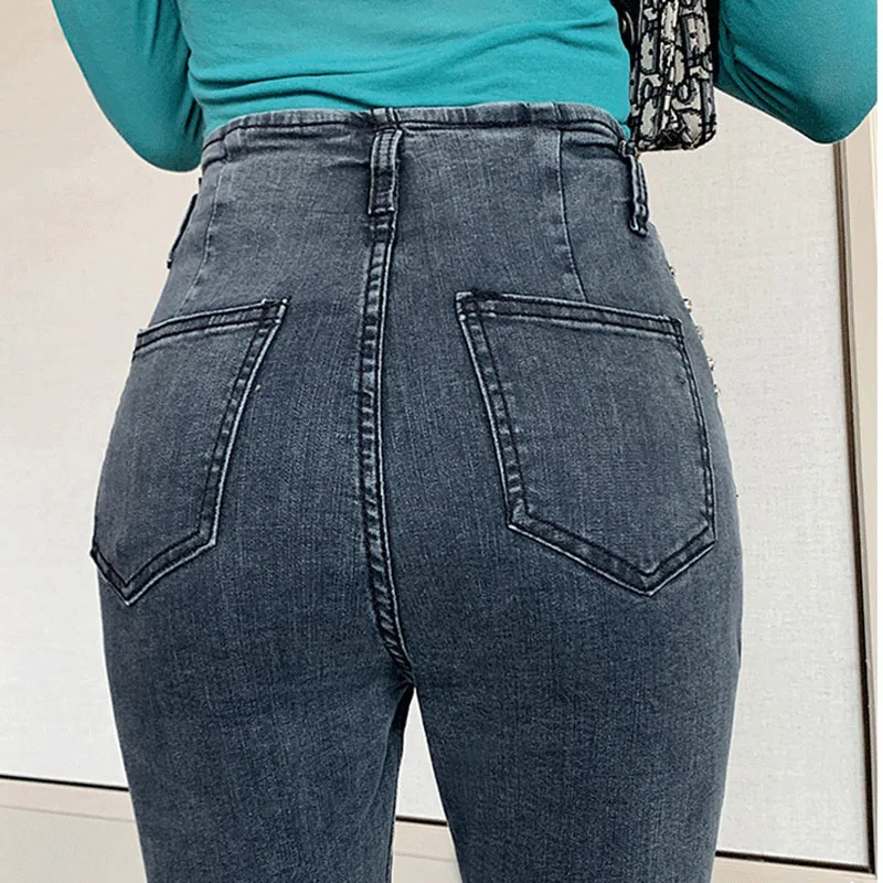 2020 Spring Women Jeans Pencil Pants High Waist Womens Skinny Mom Buttons Blue Elastic Denim Heavy Rivet | Женская одежда
