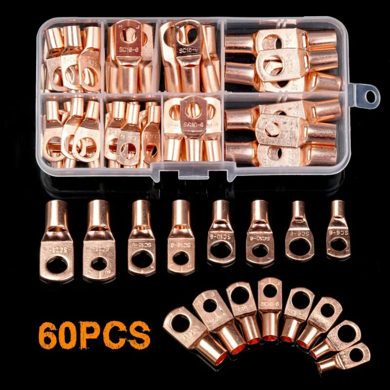 

60Pcs Electrical Copper Lug Cable Wire Connectors Crimp Terminal SC6-25 Set Kit Packaged In Clear Plastic Boxes