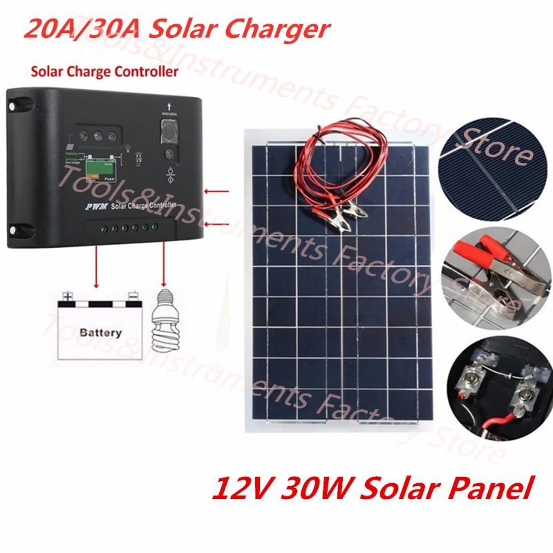 

Солнечная панель 12 В, 30 Вт, с контроллером солнечного зарядного устройства 20 А, 30 А, поликристаллическая, полусолнечная батарея для солнечно...