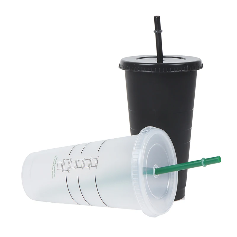 

710ml Black White Straw Cup With Lid Color Change Coffee Cup Reusable Cups Plastic Tumbler Matte Finish Coffee Mug