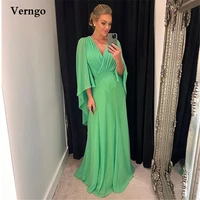 verngo simple apple green chiffon prom dresses modest v neck puff long sleeves evening gowns arabic women party formal dress