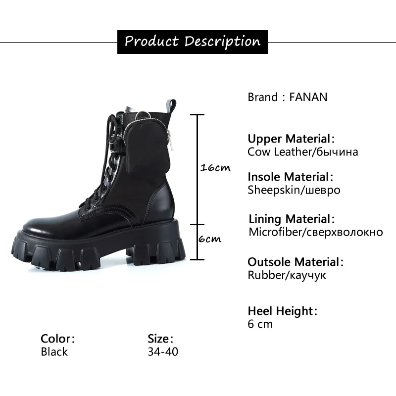 

FANAN 2020 Pocket Boots for Women Motorcycle Martin Boots Female Platform Shoes Lace Up Thick Bottom Black Rubber Shoes Woman