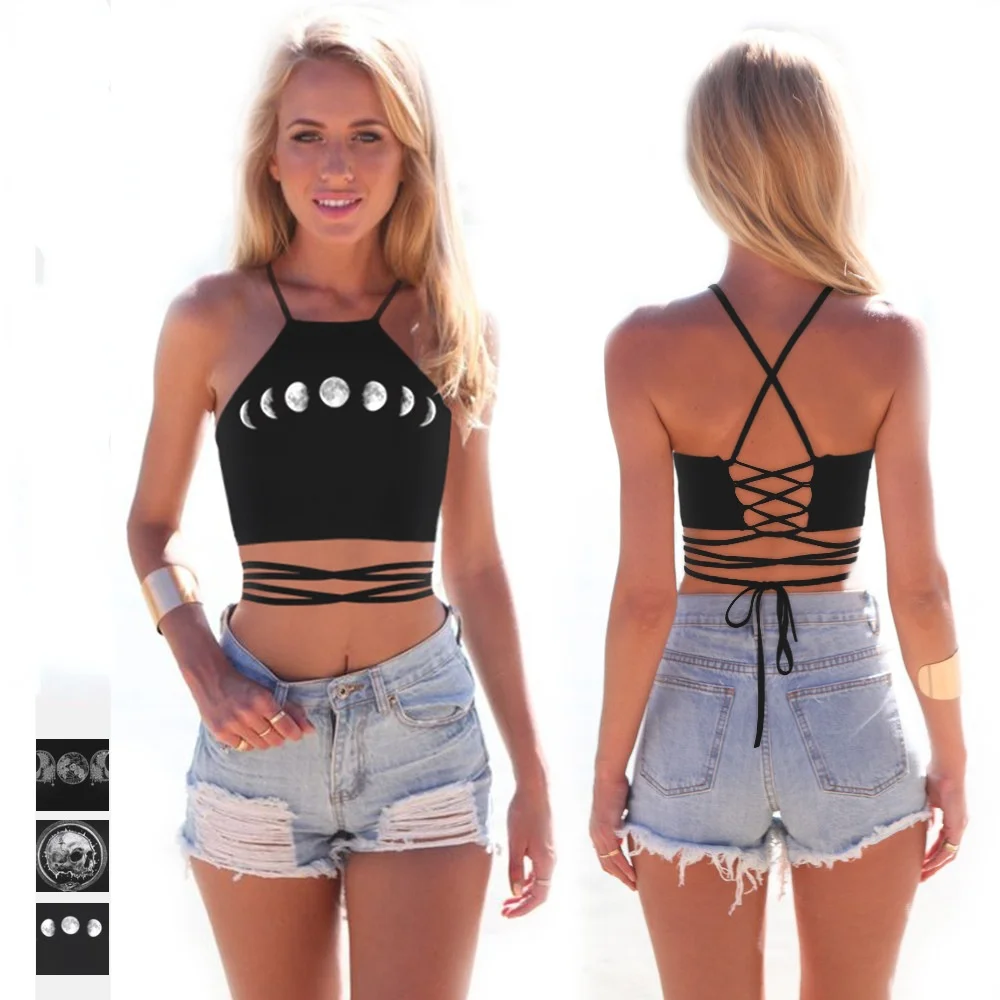 

New Summer Sexy Moon Printed Girl Gym Sport Vest Tanks Slim Fitness Cross Bandage Women Camis Crop Tops Streetwear