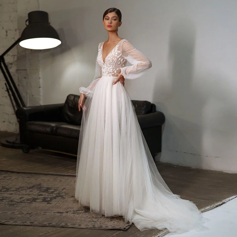 

Eightale Bohemian Wedding Dresses V-Neck Appliques Puff Sleeves Beach Wedding Gowns Bridal Dress vestidos boho hippie chic