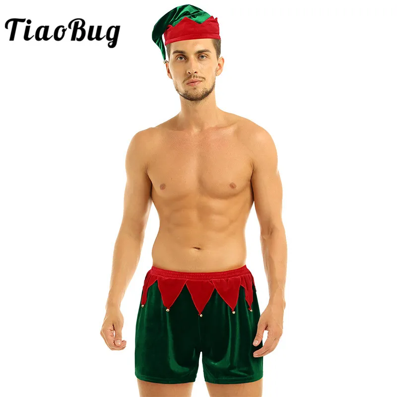 TiaoBug Мужское нижнее белье мягкий бархат Санта Клаус фестивальный рейв вечерние праздничные Необычные костюмы мужские рождественские боксеры шорты с шапкой набор