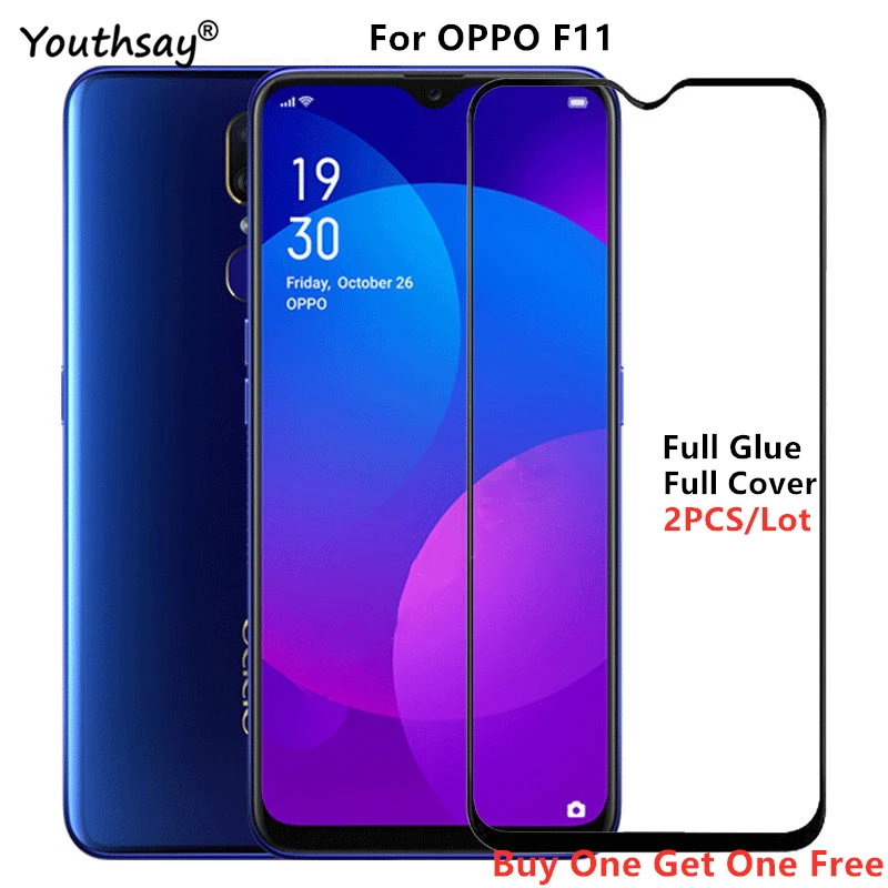 Protector de pantalla de vidrio para OPPO F11, pel&iacute;cula protectora de cobertura de pegamento completo para OPPO F11, pel&iacute;cula protectora para OPPO F11, 2 uds.-0