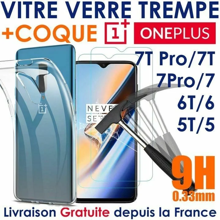 

Pack Coque Silicone Transparent One Plus + Verre Tremp For OnePlus 5T 6 T 7T Pro 7