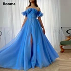Booma голубое платье из органзы Макси Выпускные платья с рукавами-фонариками с открытыми плечами платье трапециевидной формы нарядные платья для свадьбы кнопки высокий разрез платья для выпускного бала