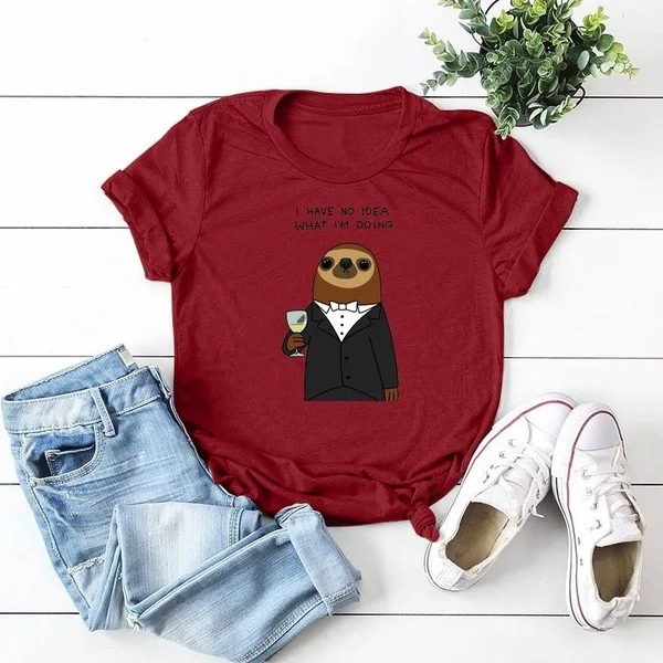 

I Have No Idea What I'm Doing T Shirt Women Short Sleeve Tee Cartoon Sloth Graphic Shirt Femme T-shirt Loose Funny Top