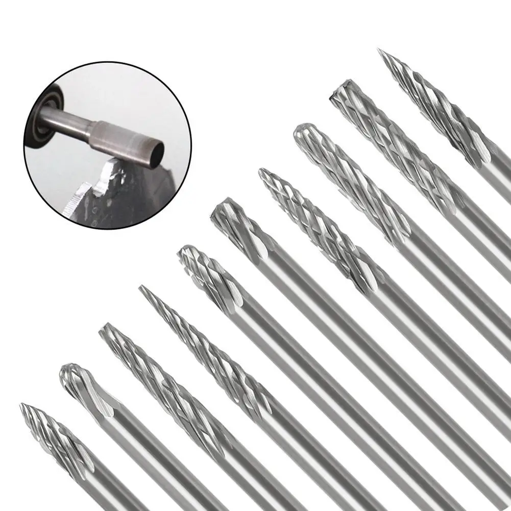 

10PCS Burr Set Die Shank Bits Double Cutting Woodworking Solid Carbide Shank Rotary Files For Finishing Metal Mold Processing